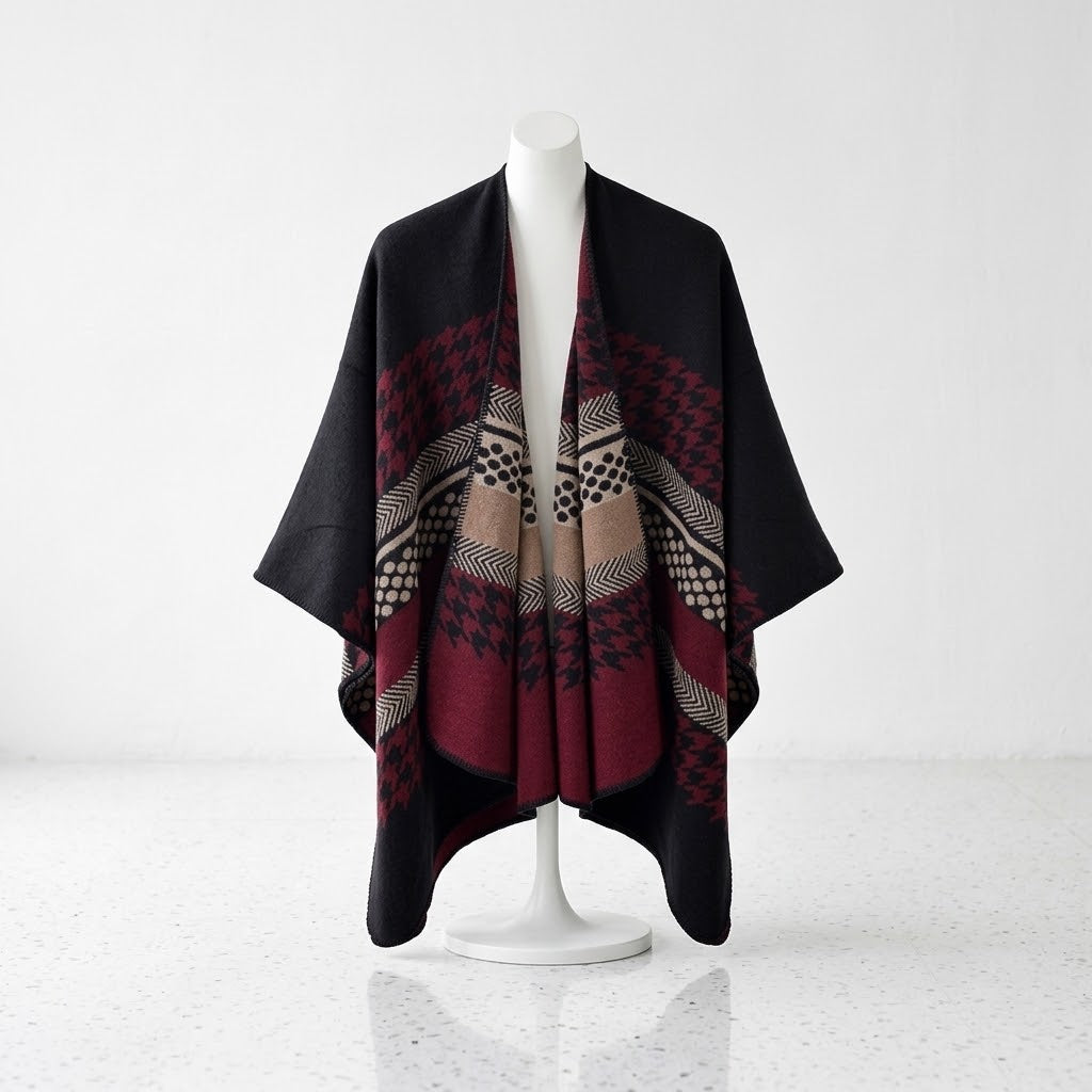 Women's Houndstooth Stripe Faux Cashmere Split Poncho