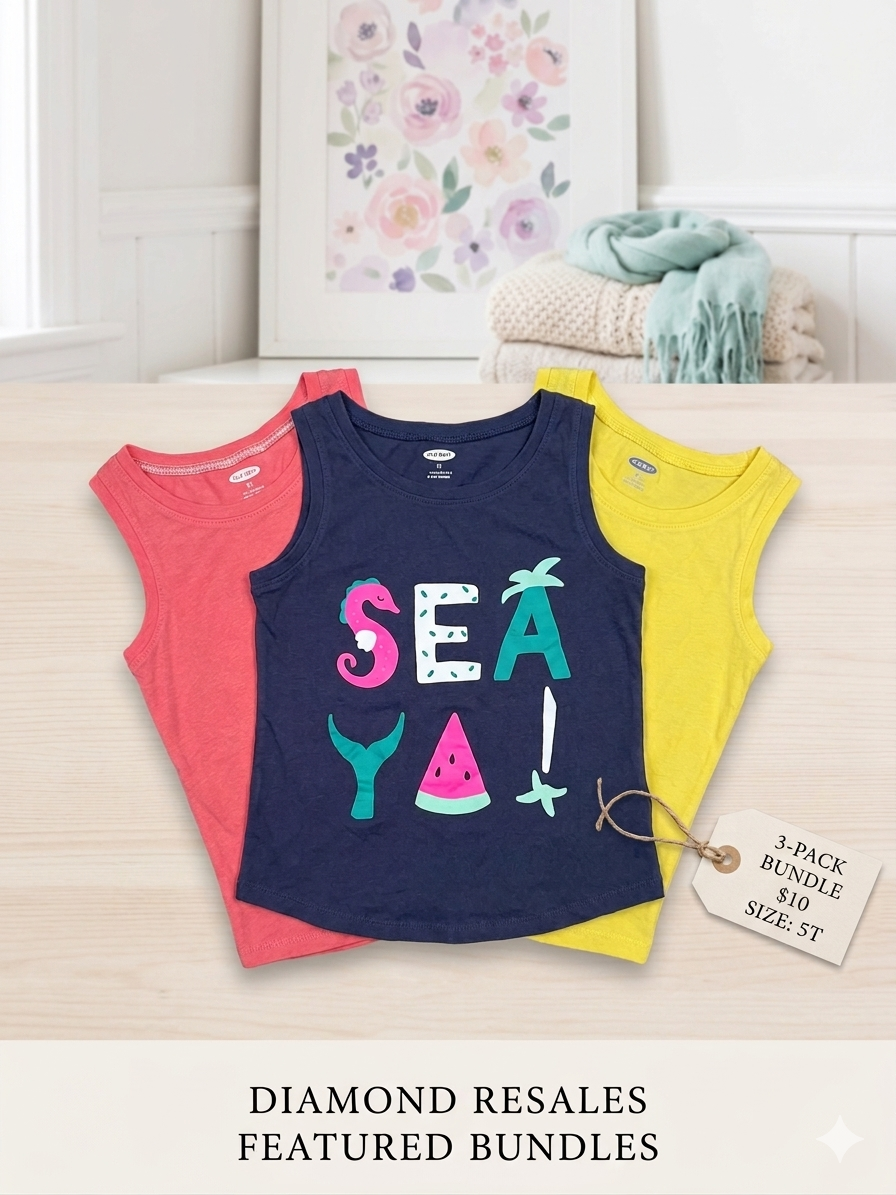 Old Navy Girls "Sea Ya!" Graphic & Solid Tank Top Bundle - 3 Pack (Size 5T)
