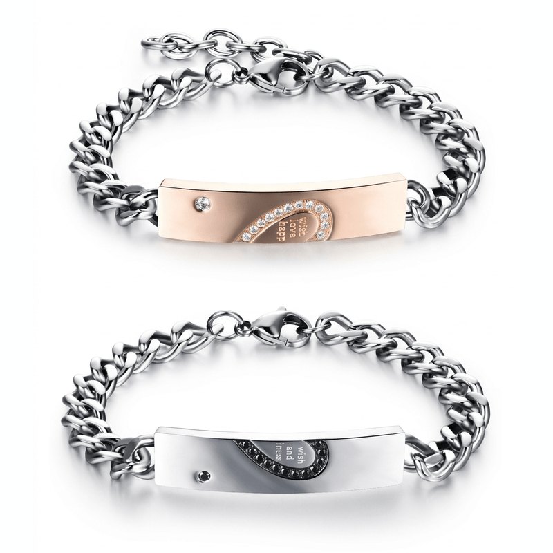 Rose gold-tone and silver-tone heart-detail curb chain bracelets with adjustable clasps on a white background.