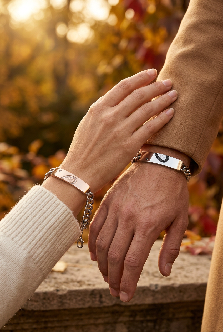 Two people wearing matching rose gold-tone and silver-tone heart-detail chain bracelets in warm autumn light.