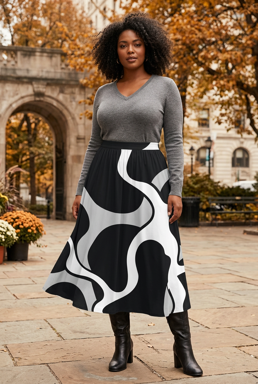 Fuller-figured model wearing a black-and-white maxi skirt, fitted gray V-neck sweater, and black boots