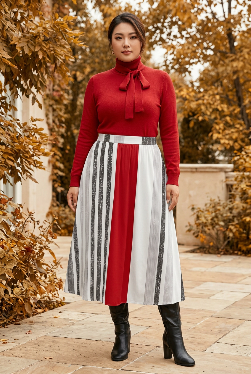 Fuller-figured model wearing a red-panel striped maxi skirt, red tie-neck sweater, and black boots