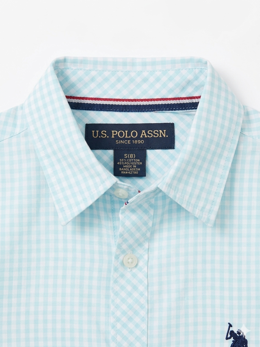 U.S. Polo Assn. Boys Light Blue Gingham Check Short-Sleeve Button-Down Shirt – Size S (8)