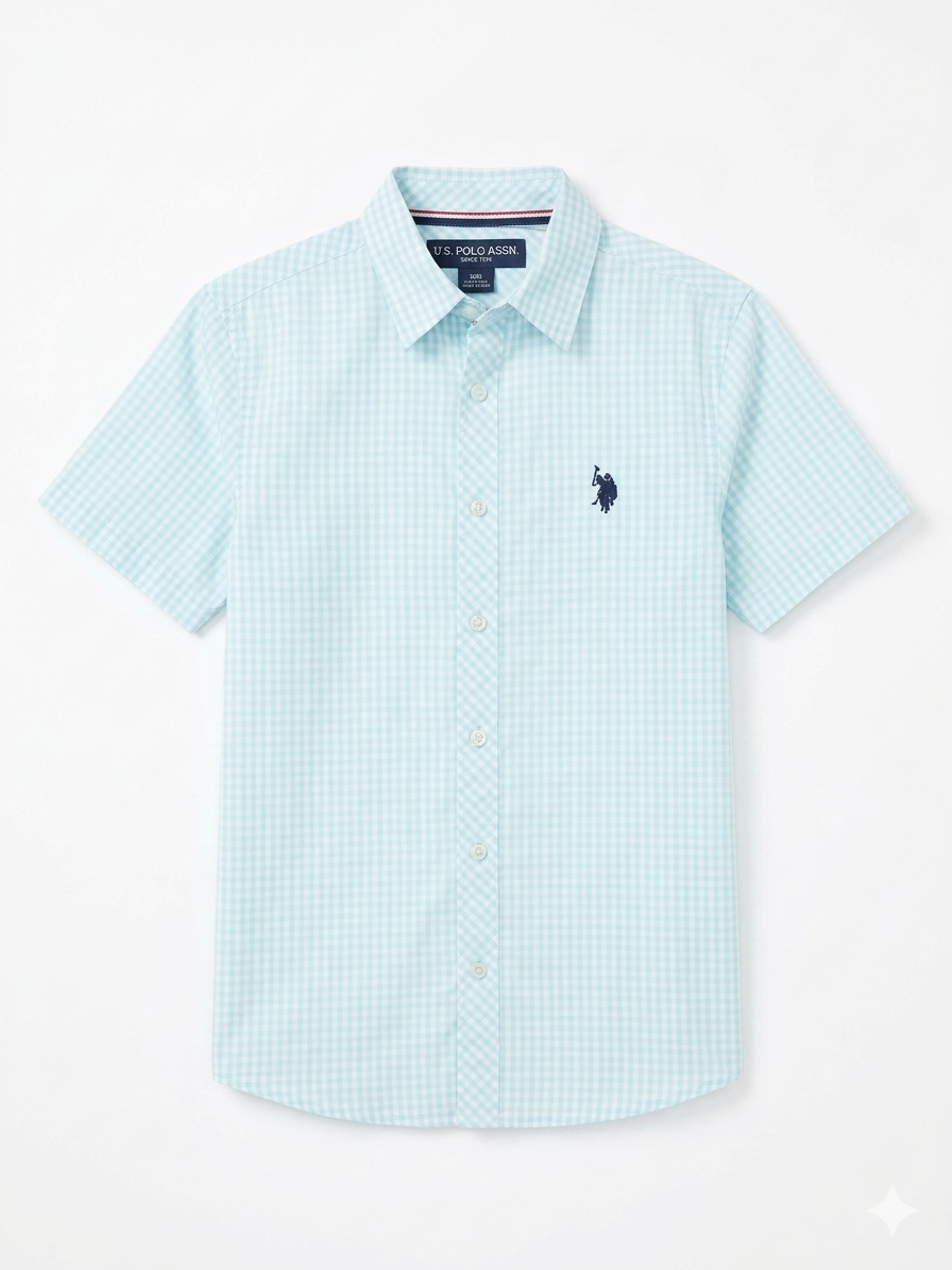 U.S. Polo Assn. Boys Light Blue Gingham Check Short-Sleeve Button-Down Shirt – Size S (8)