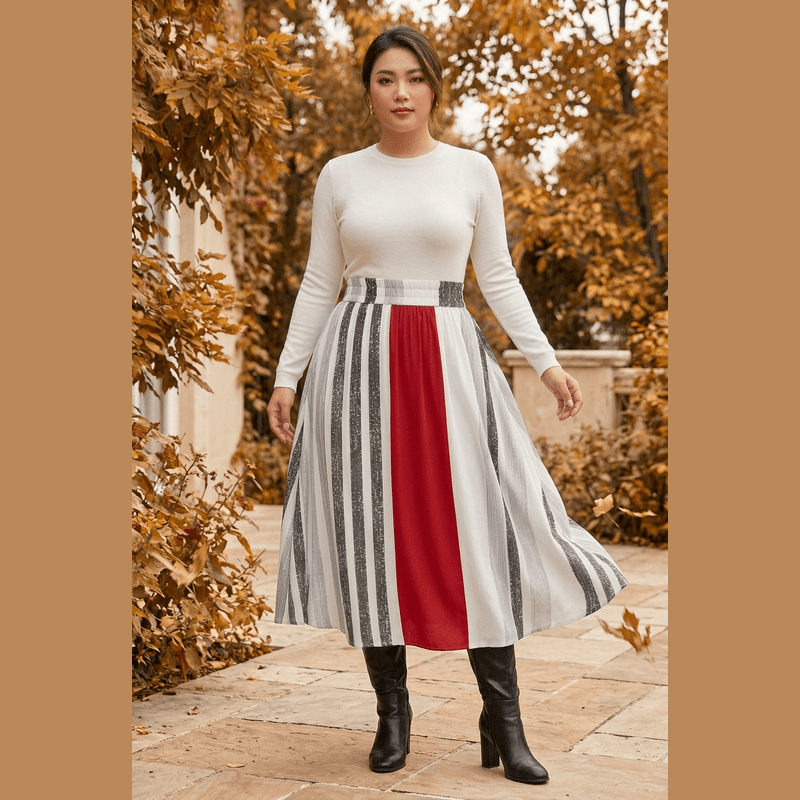 Scarlet Stripe A-Line Maxi Skirt with high-rise waist and stretch fabric