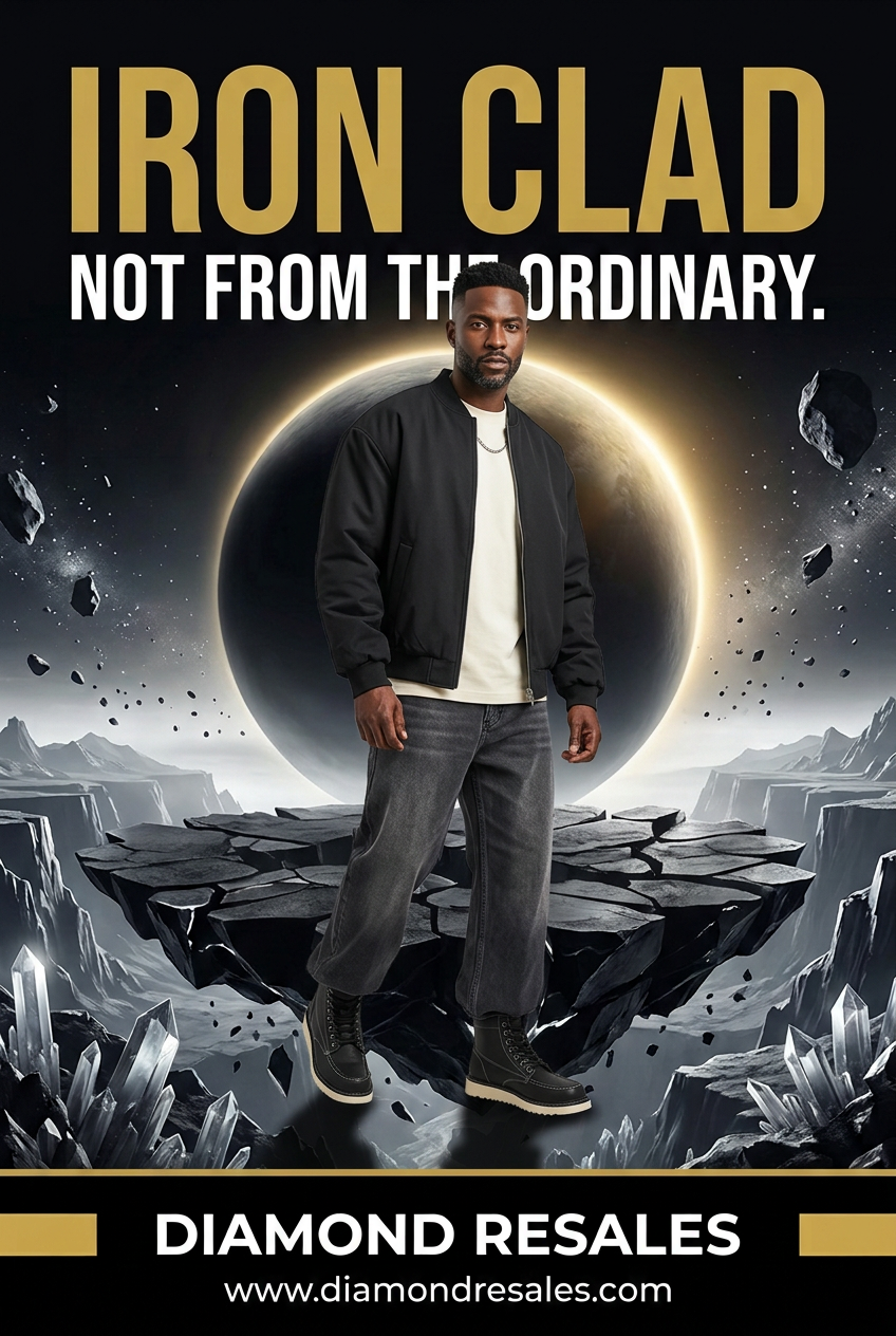 Iron Clad campaign with a late-30s model, sharp fade, and baggy streetwear