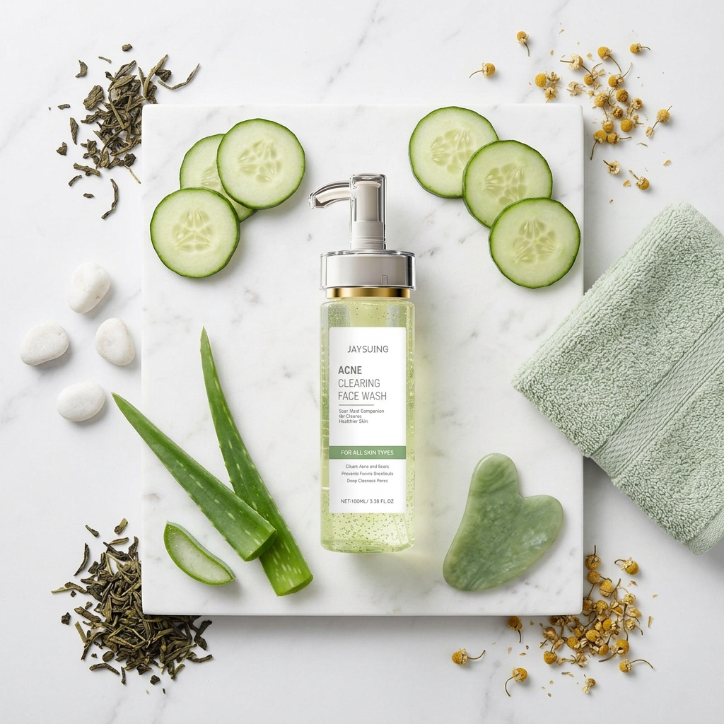 Jaysuing Acne Clearing Face Wash — White Marble Botanical Flat Lay