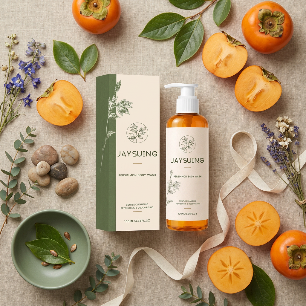Jaysuing Persimmon Body Wash — Warm Linen Botanical Flat Lay