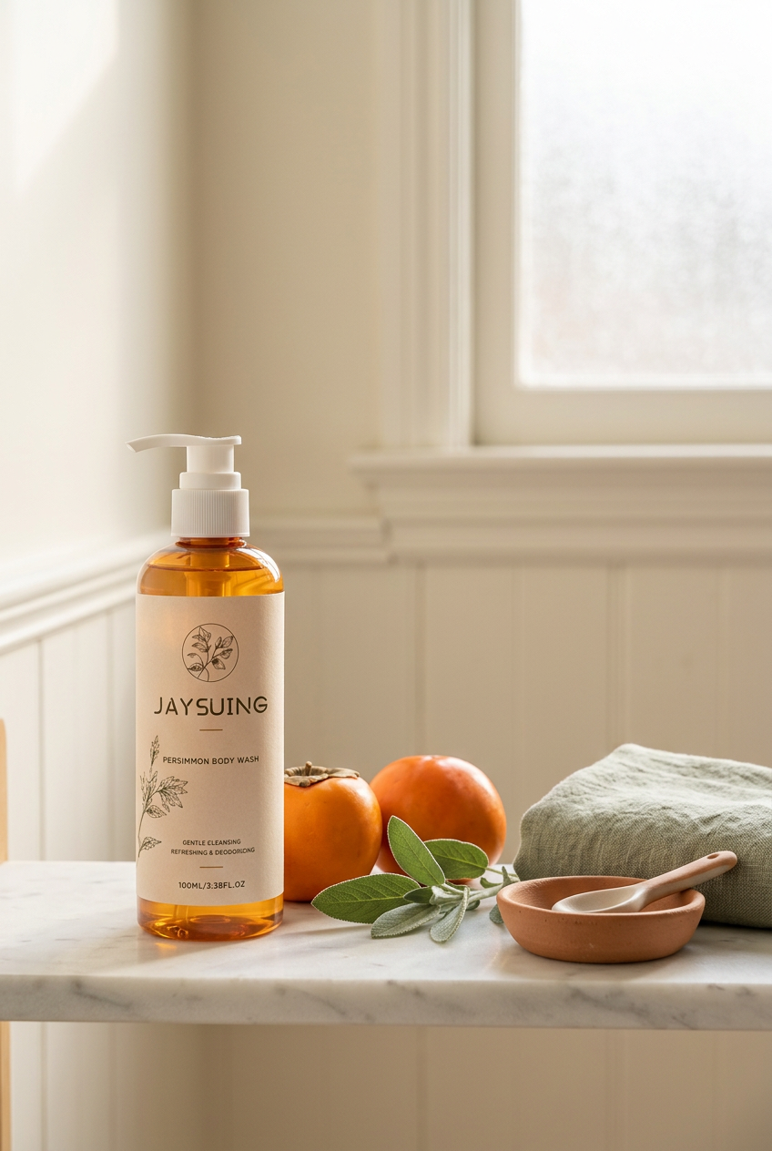 Jaysuing Persimmon Body Wash — White Marble Bathroom Lifestyle