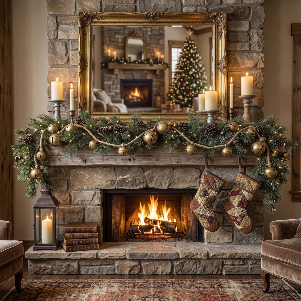 Jingle Bell Garland — Fireplace Mantel