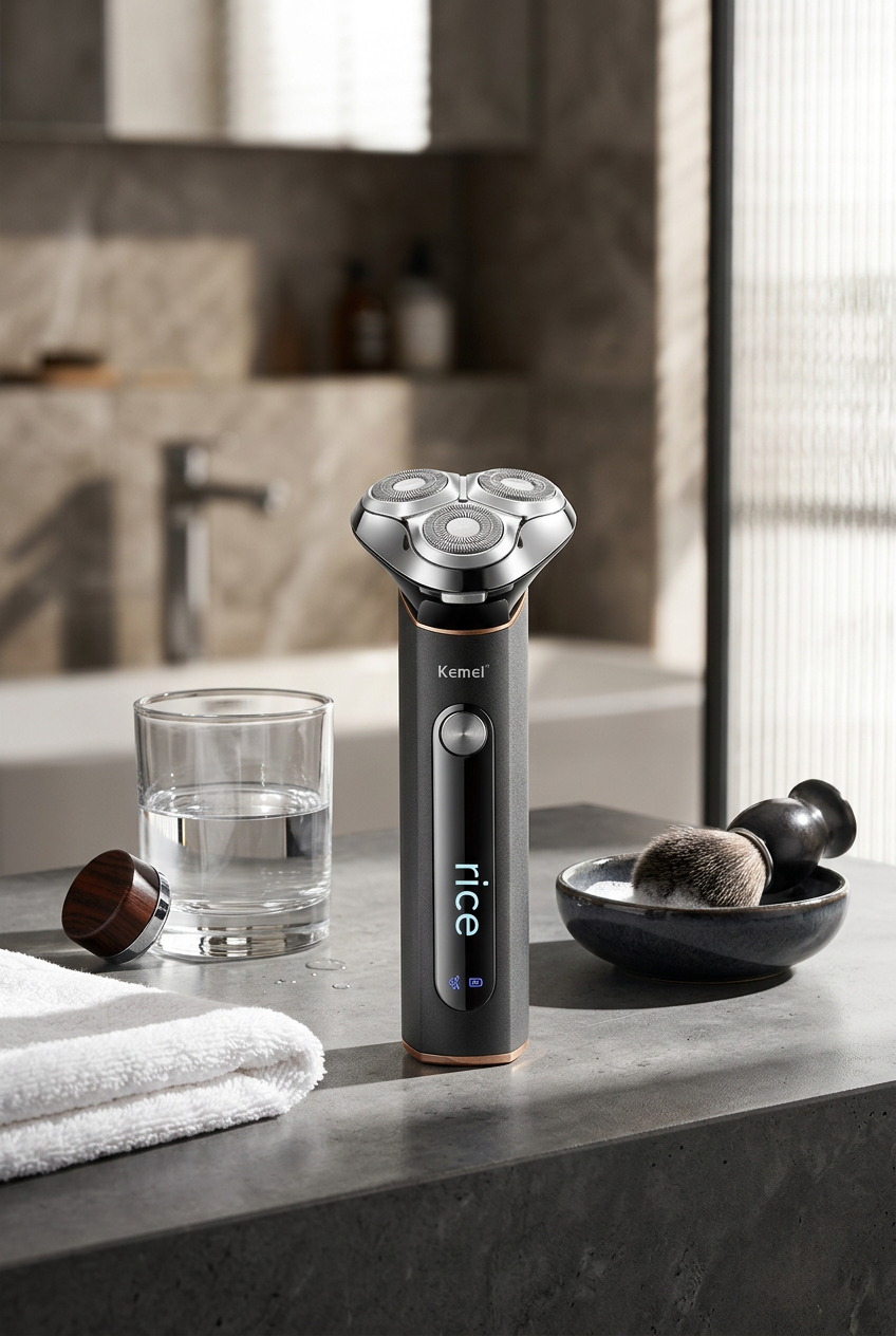 Kemei Electric Shaver — Dark Concrete Bathroom Lifestyle