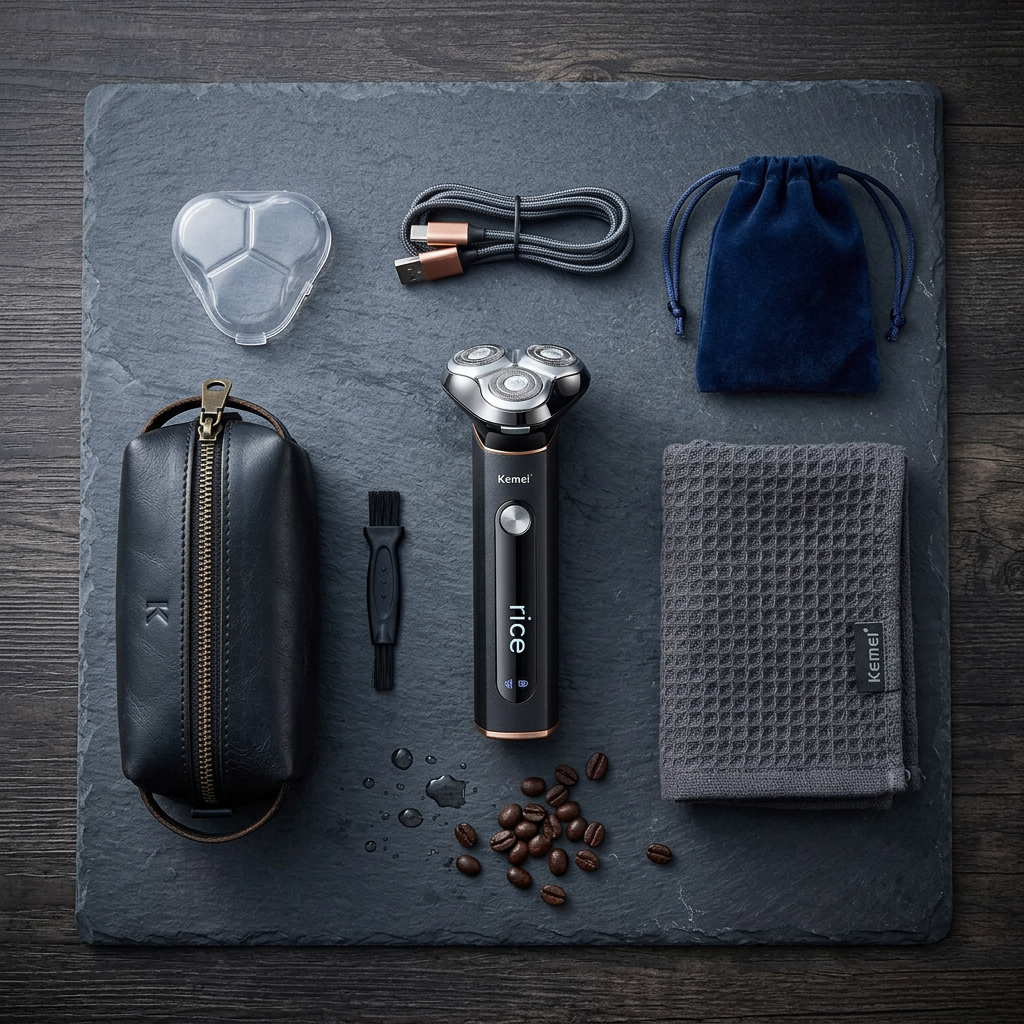 Kemei Electric Shaver — Dark Slate Grooming Flat Lay