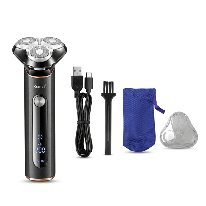 Kemei Electric Shaver — White Background Full Kit Catalog