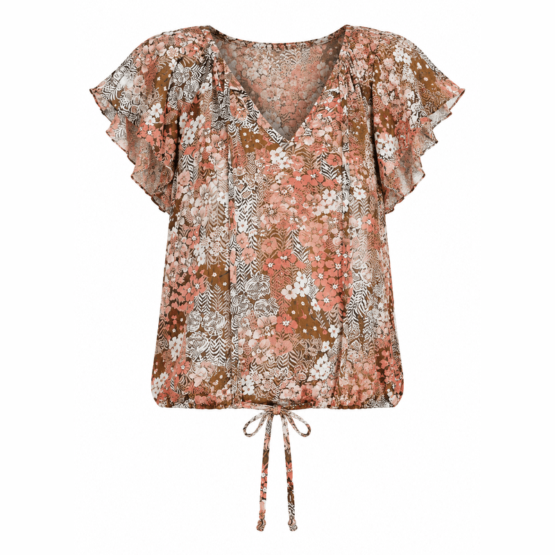 Khaki Boho Floral Flutter Sleeve Blouse – White Background