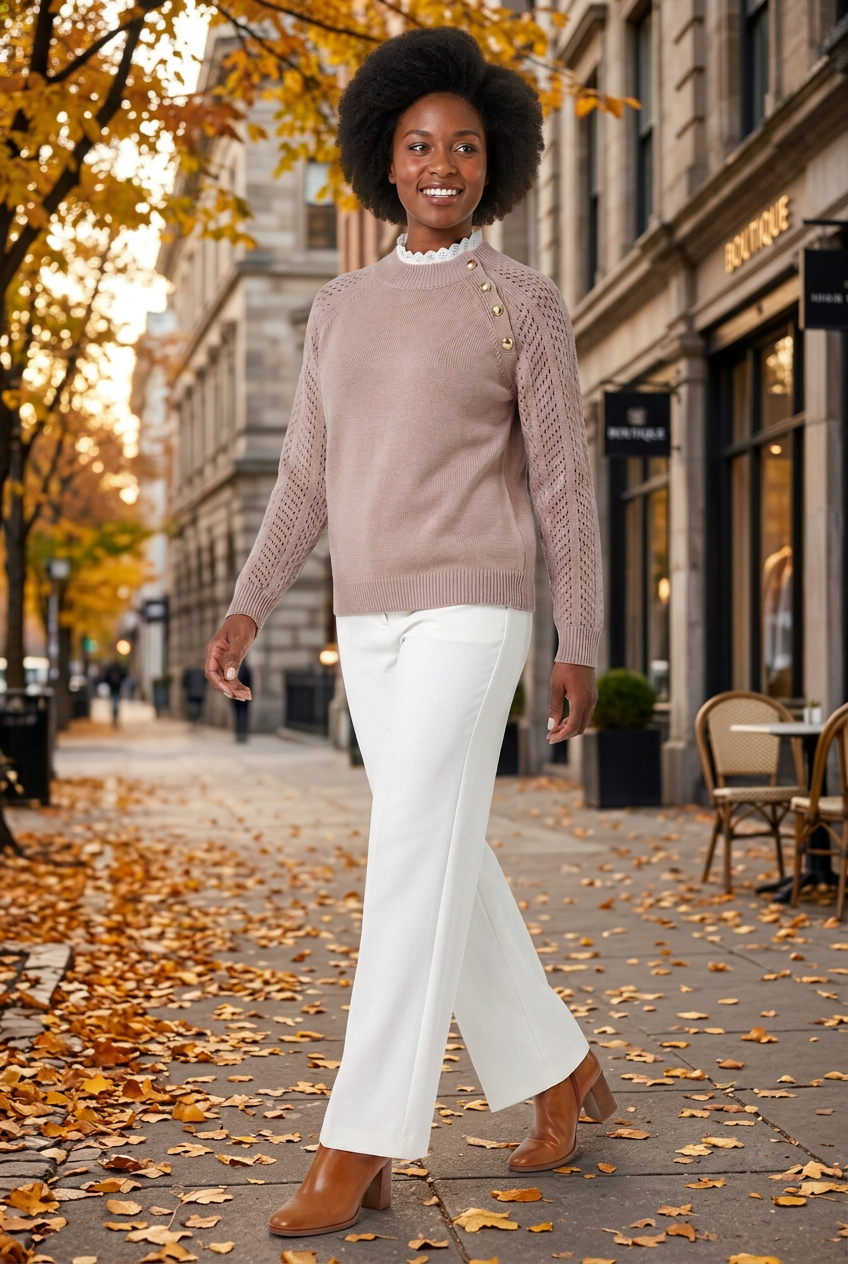 Model walking along an autumn city street in the dusty-pink Lace Signature eyelet-sleeve sweater, white trousers and brown boots