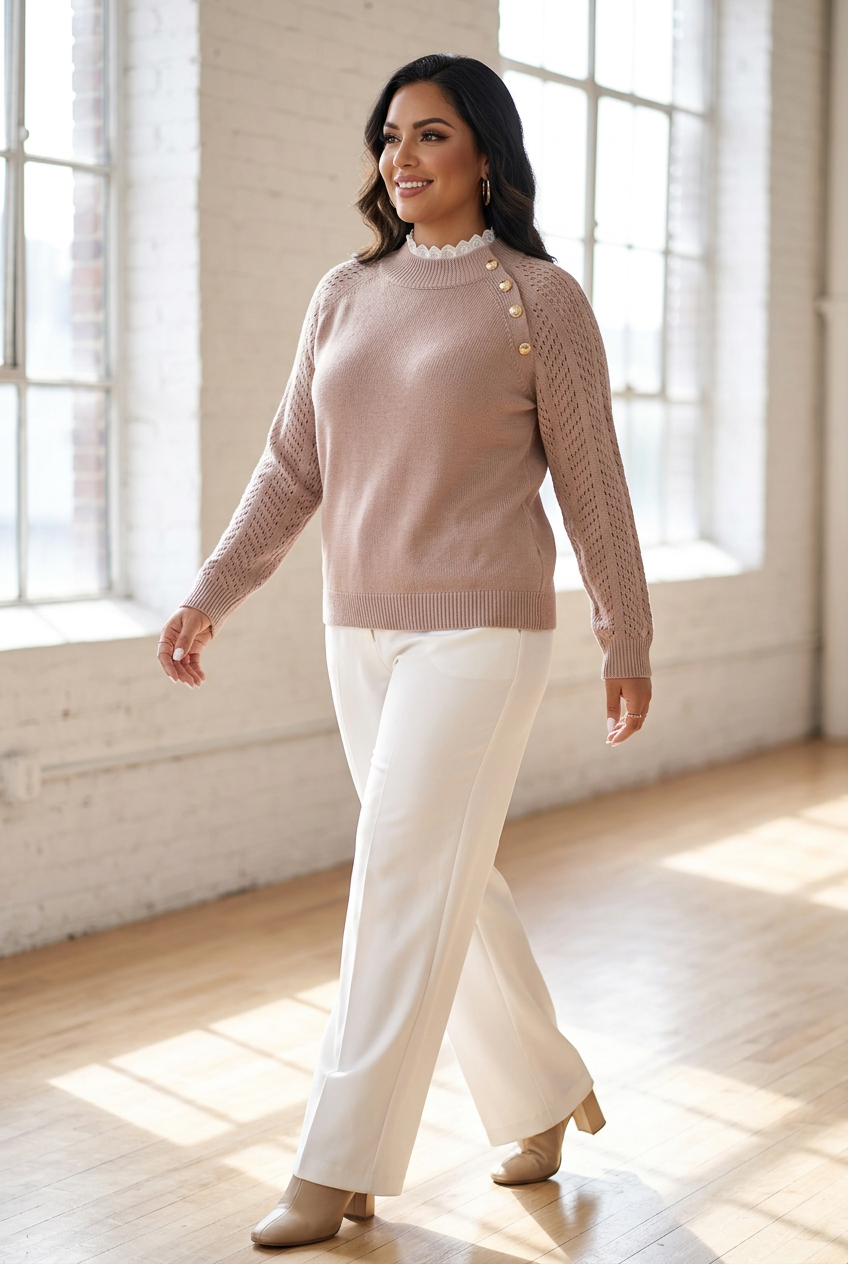 Model walking in a sunlit loft wearing the dusty-pink Lace Signature sweater with white trousers