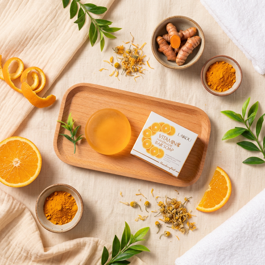 LAIKOU Vitamin C Soap — Cream Linen Flat Lay Botanical