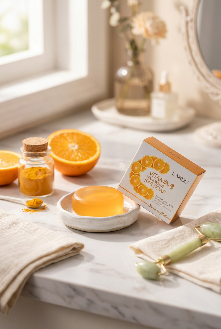 LAIKOU Vitamin C Soap — White Marble Bathroom Lifestyle