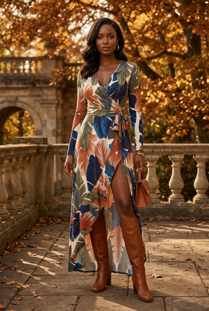 Leaf-print dress styled with cognac boots and matching accessories