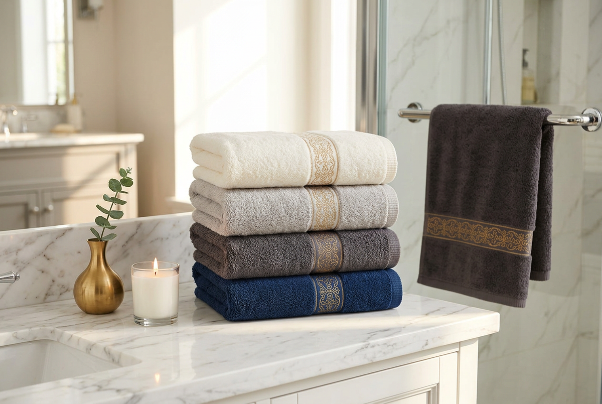 Folded luxury cotton bath towels displayed on a bathroom counter.