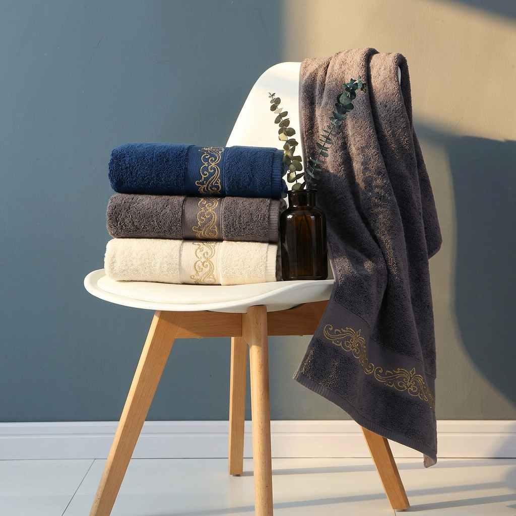 Stack of luxury hotel bath towels in multiple colors on a lifestyle background.