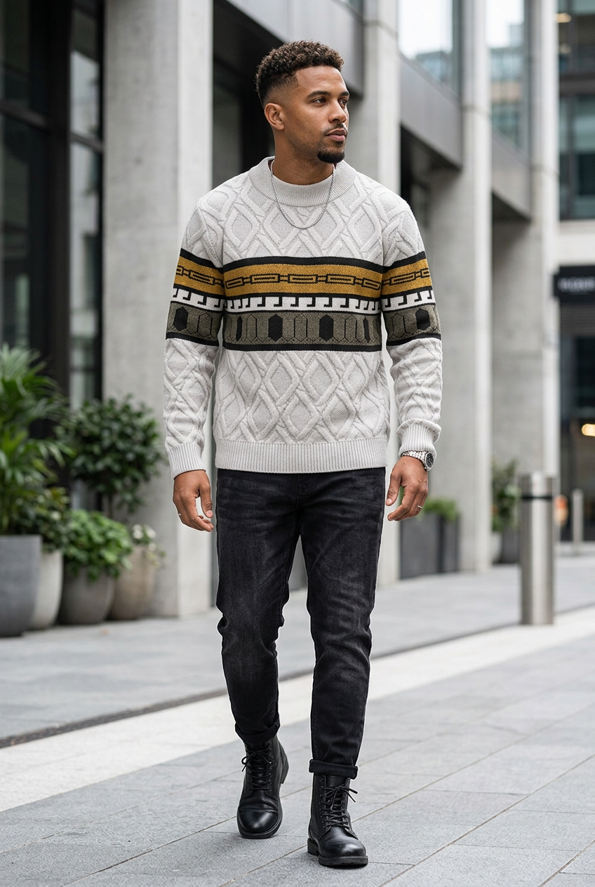 Light-gray patterned sweater lifestyle look