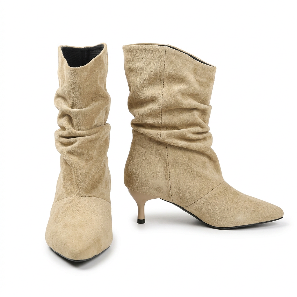 Light khaki slouch boots on white