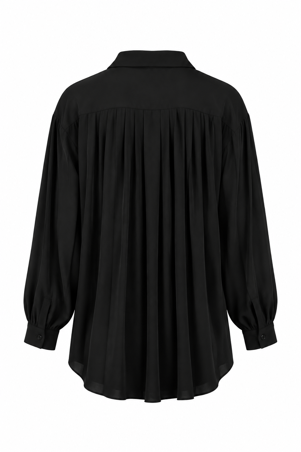 Loose-Fit Pleated Top – Black, Back View, White Background
