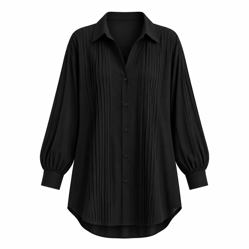 Loose-Fit Pleated Top – Black, White Background, No Model