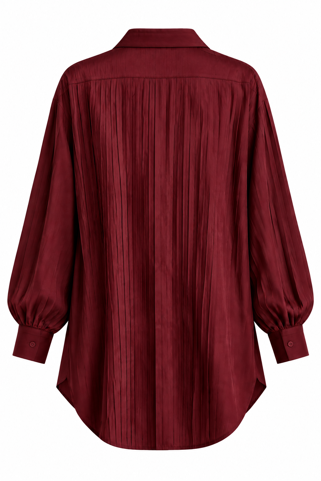 Loose-Fit Pleated Top – Wine Red, Back View, White Background