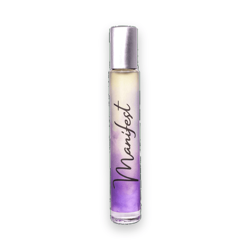 Manifest rollerball perfume bottle showing purple gradient glass and silver cap design