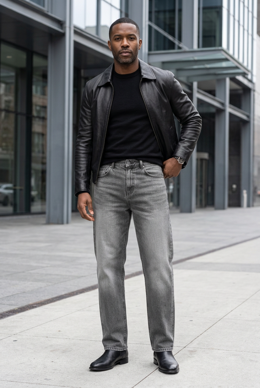 Men’s washed gray jeans styled for a modern urban look
