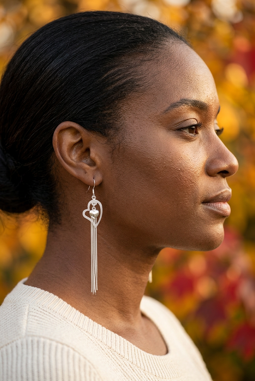 Model wearing a silver-tone heart tassel earring