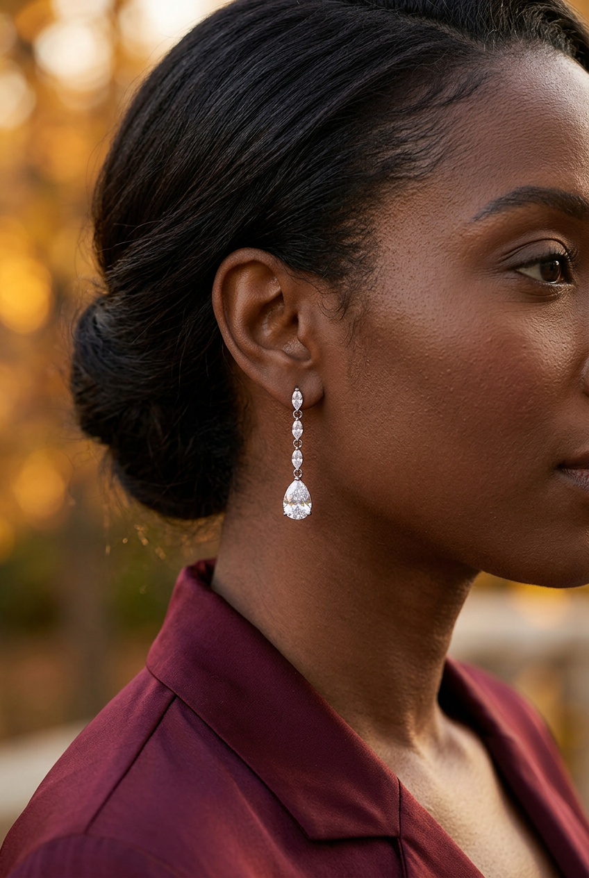Model wearing a silver-tone teardrop earring