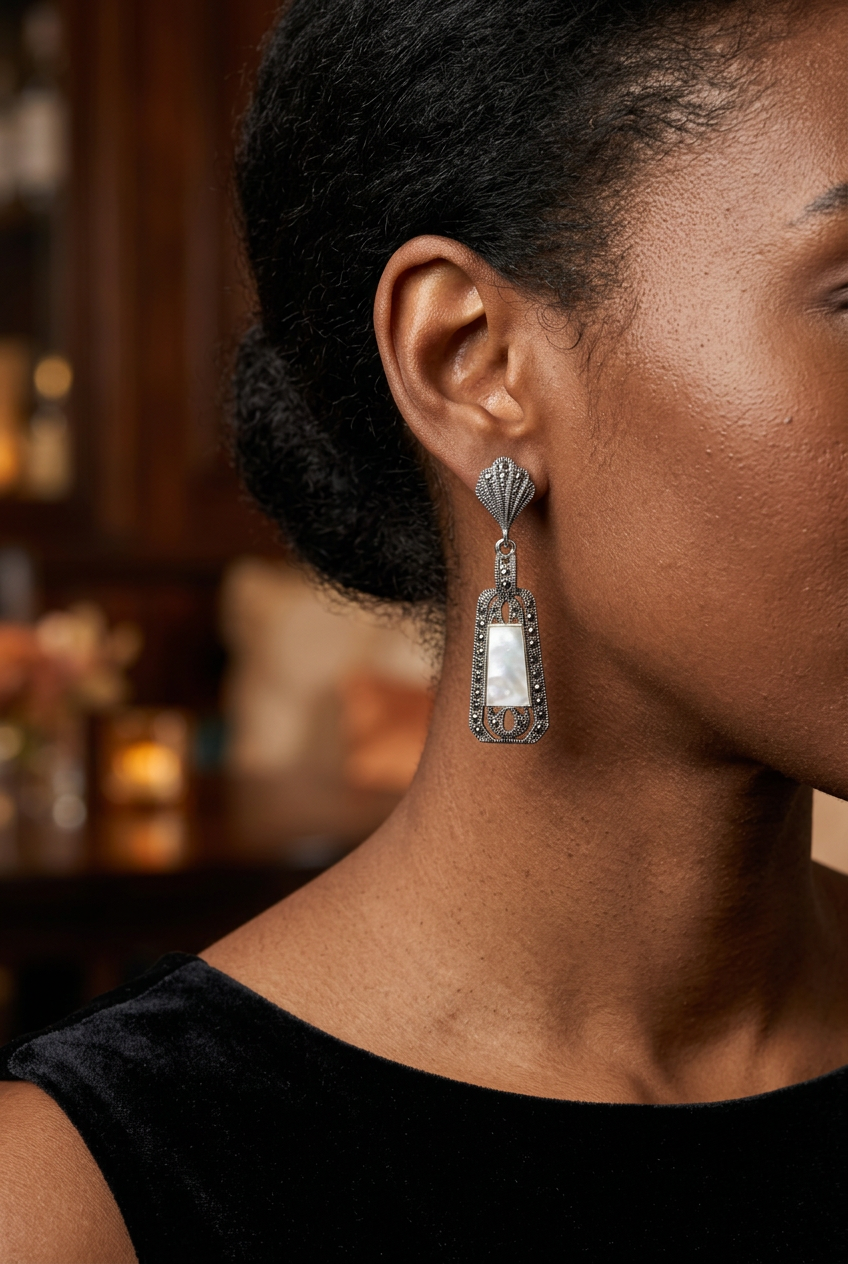 Model wearing a vintage-style silver-tone drop earring