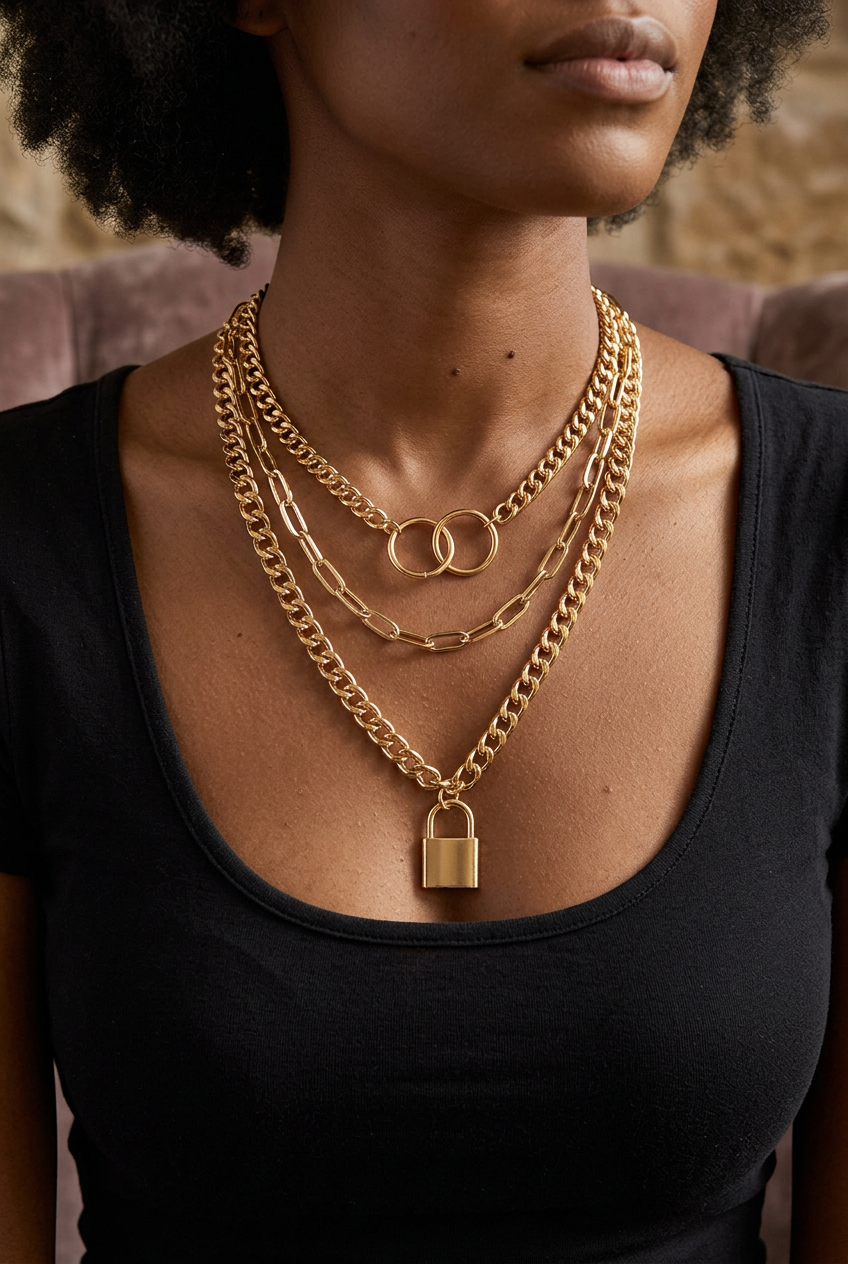 Model wearing the gold-tone layered necklace