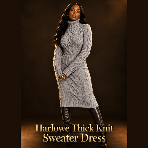 Model wearing the Harlowe Thick Knit Sweater Dress