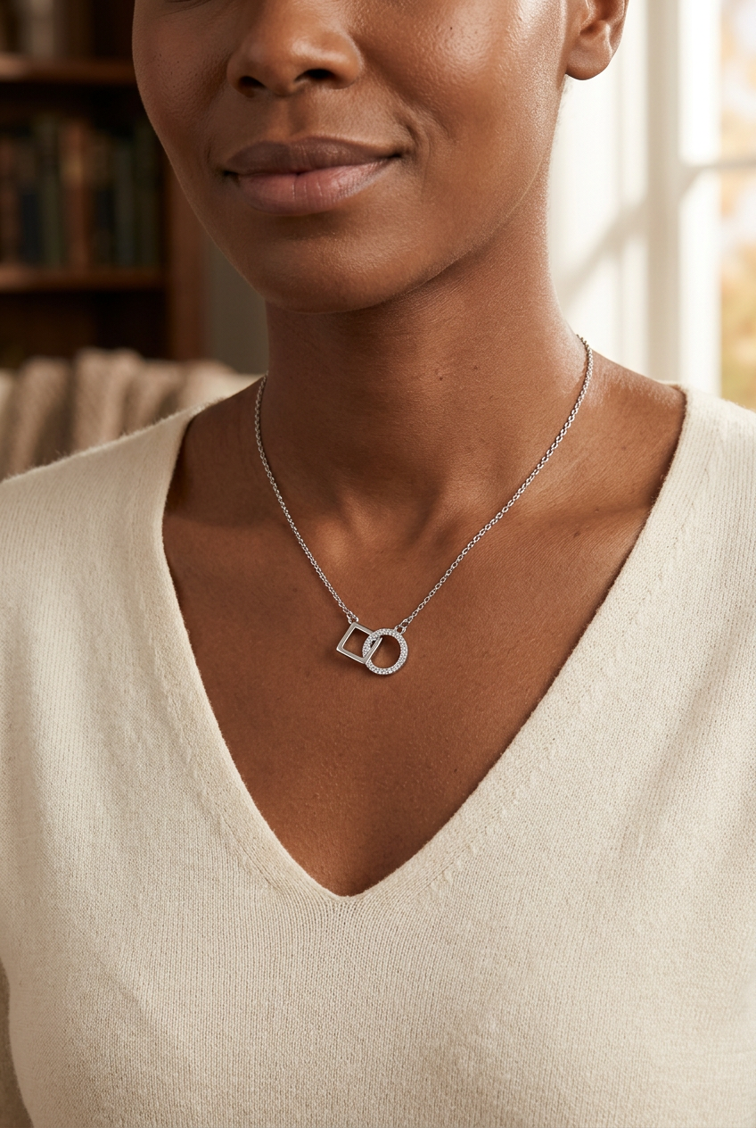 Model wearing the silver-tone square-and-circle necklace
