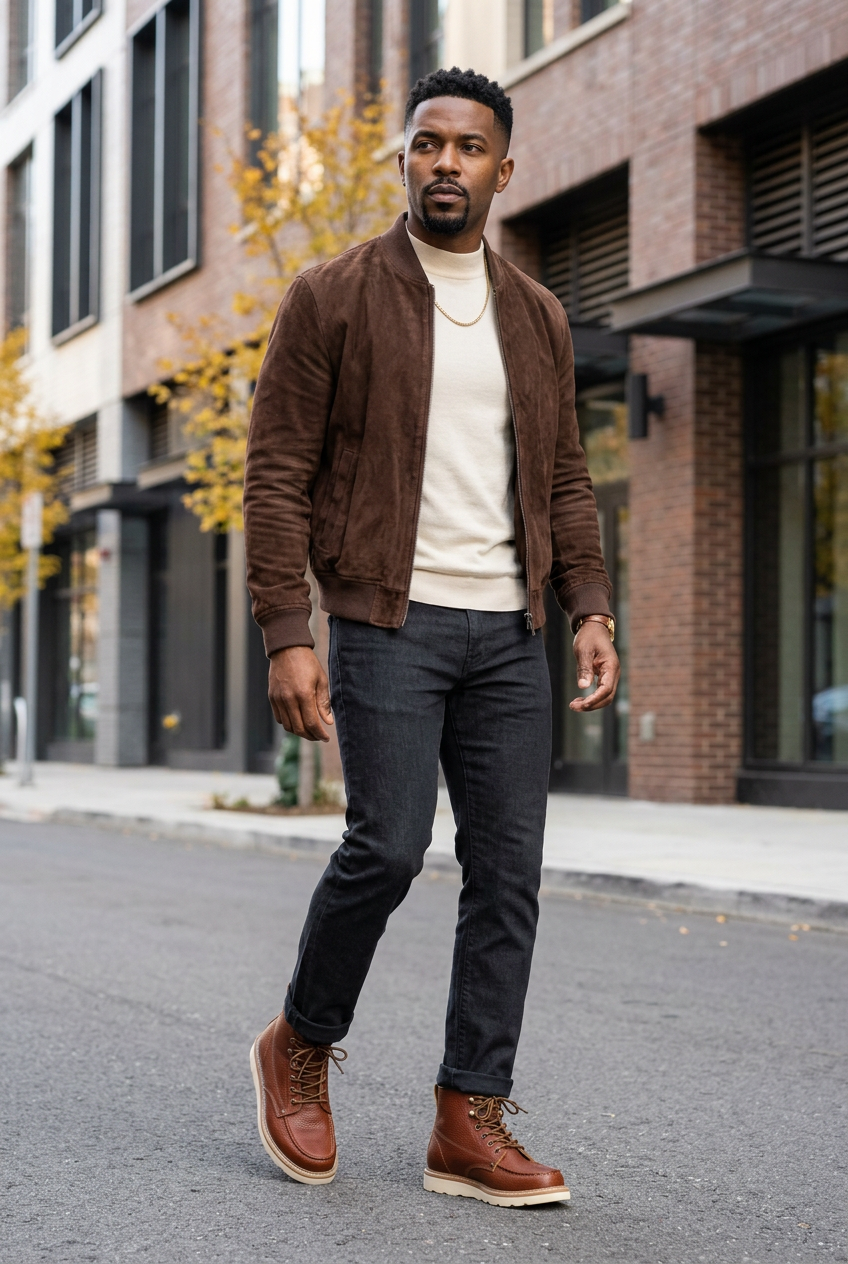 Modern fall streetwear look with a tapered haircut, groomed goatee, chocolate bomber, and chestnut boots