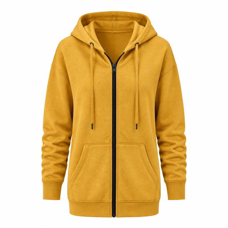 Mustard Yellow Zip-Up Hoodie – White Background