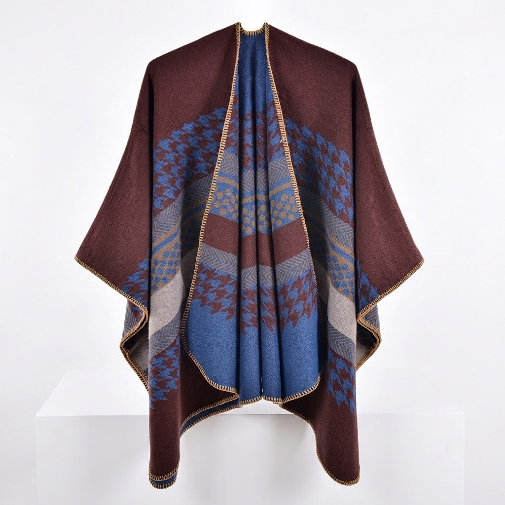 Poncho fendu en faux cachemire à motif pied-de-poule pour femme