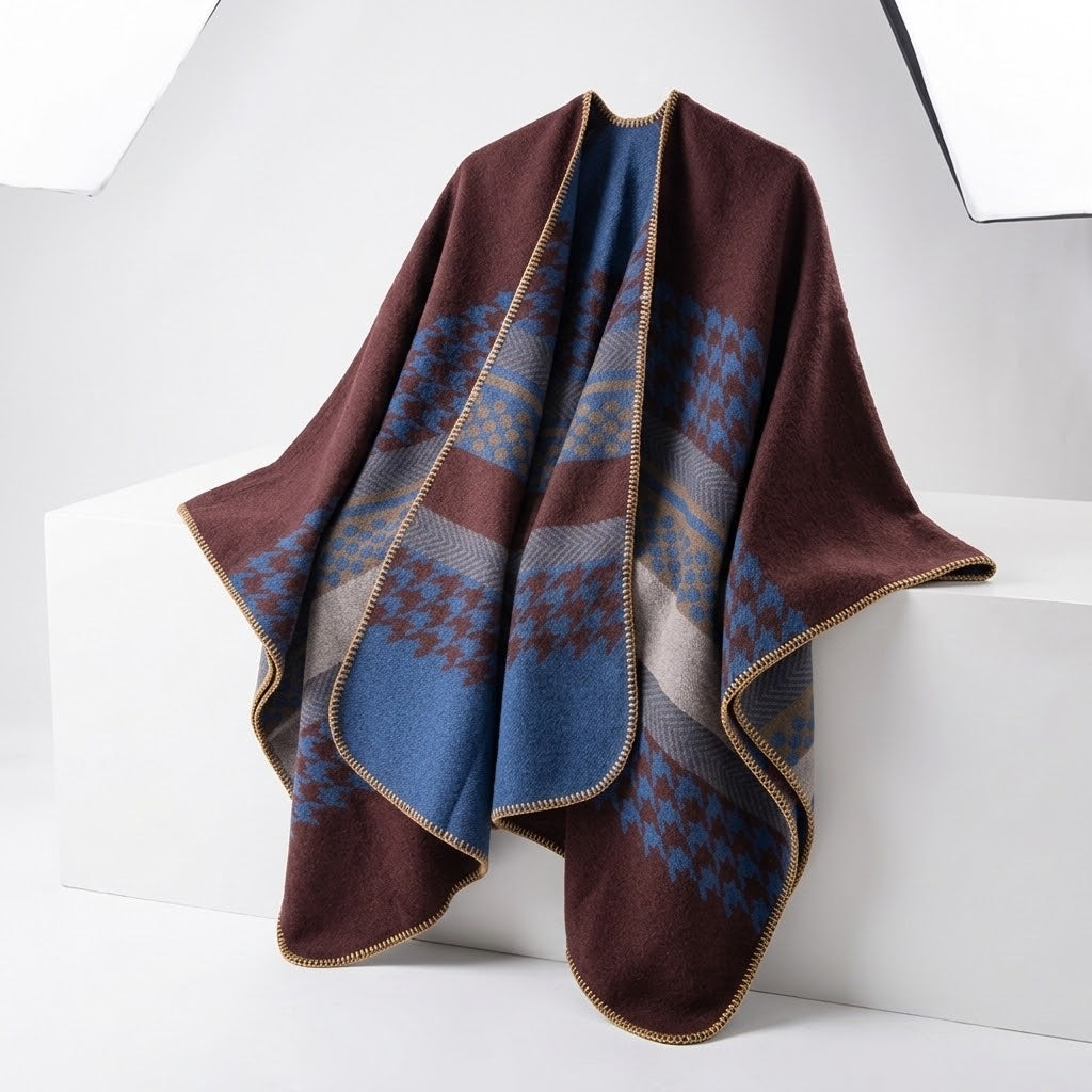Poncho fendu en faux cachemire à motif pied-de-poule pour femme