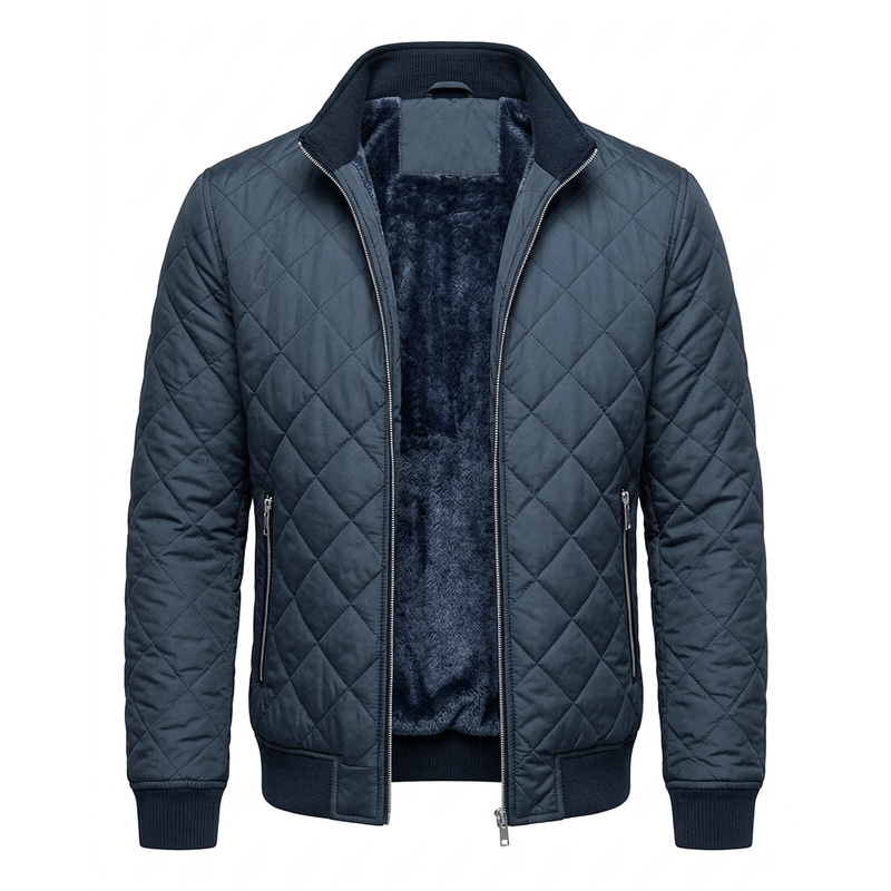 Navy Quilted Bomber Jacket – White Background, No Model