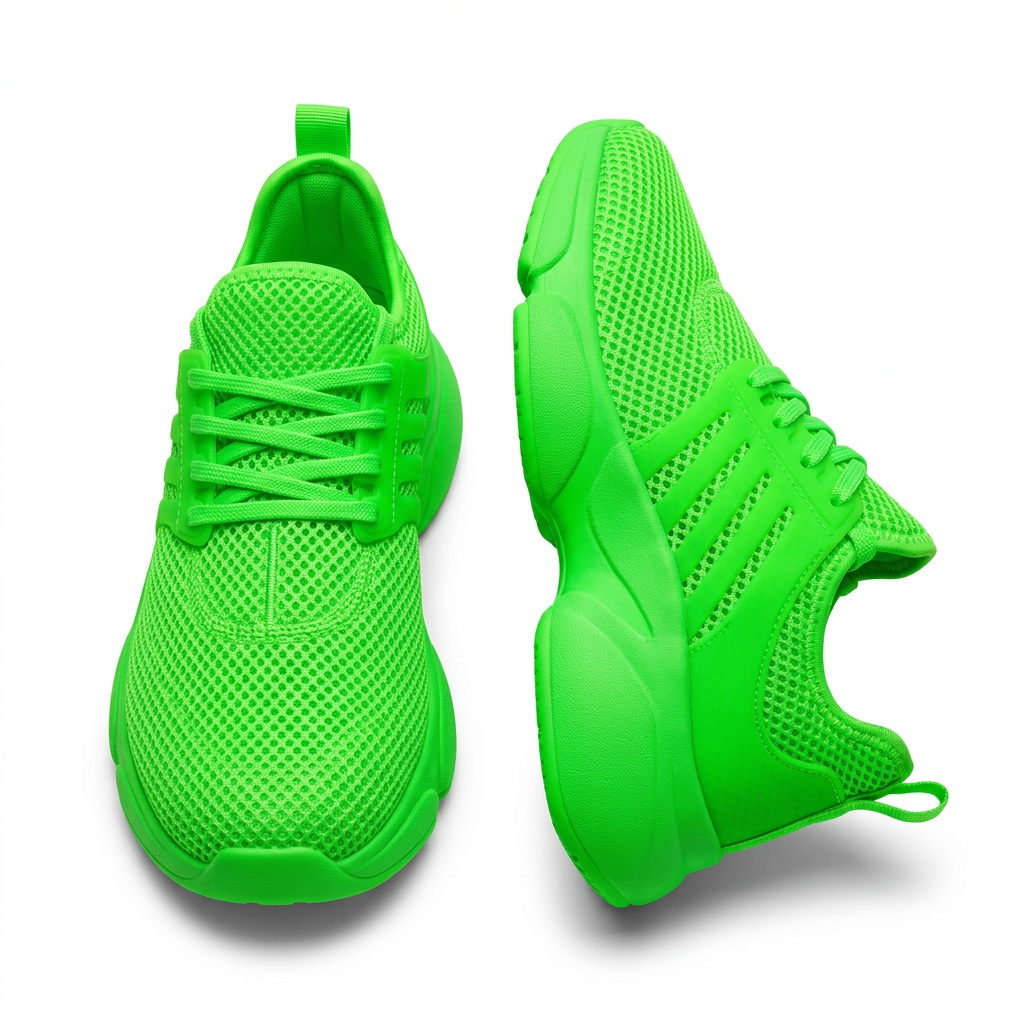 Neon green mesh platform sneakers on white