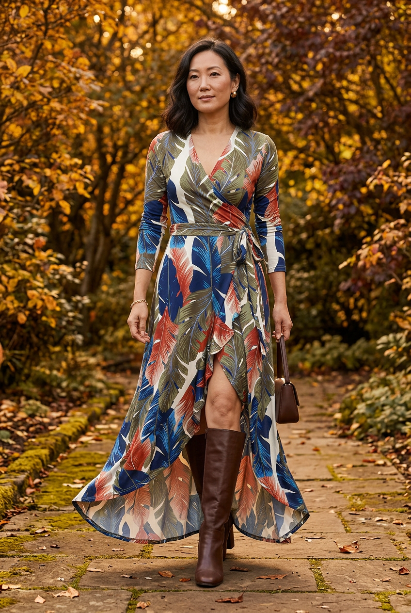 New model wearing the leaf-print dress with chocolate-brown boots and accessories