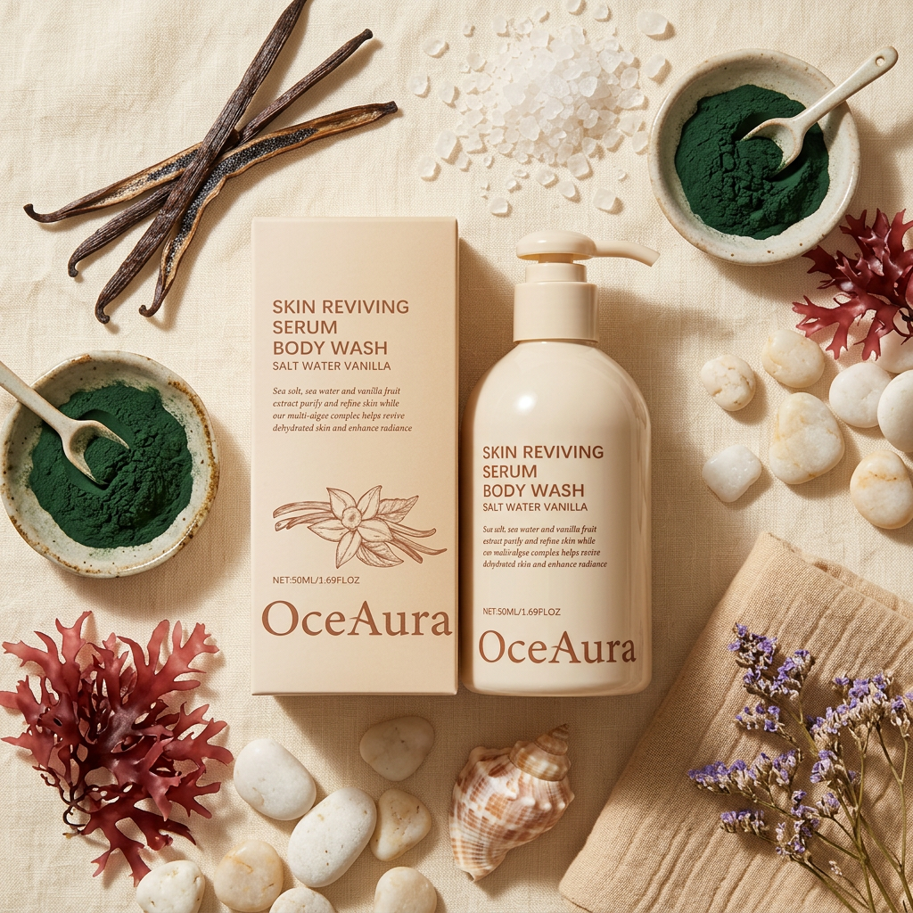 OceAura Body Wash — Cream Linen Botanical Flat Lay