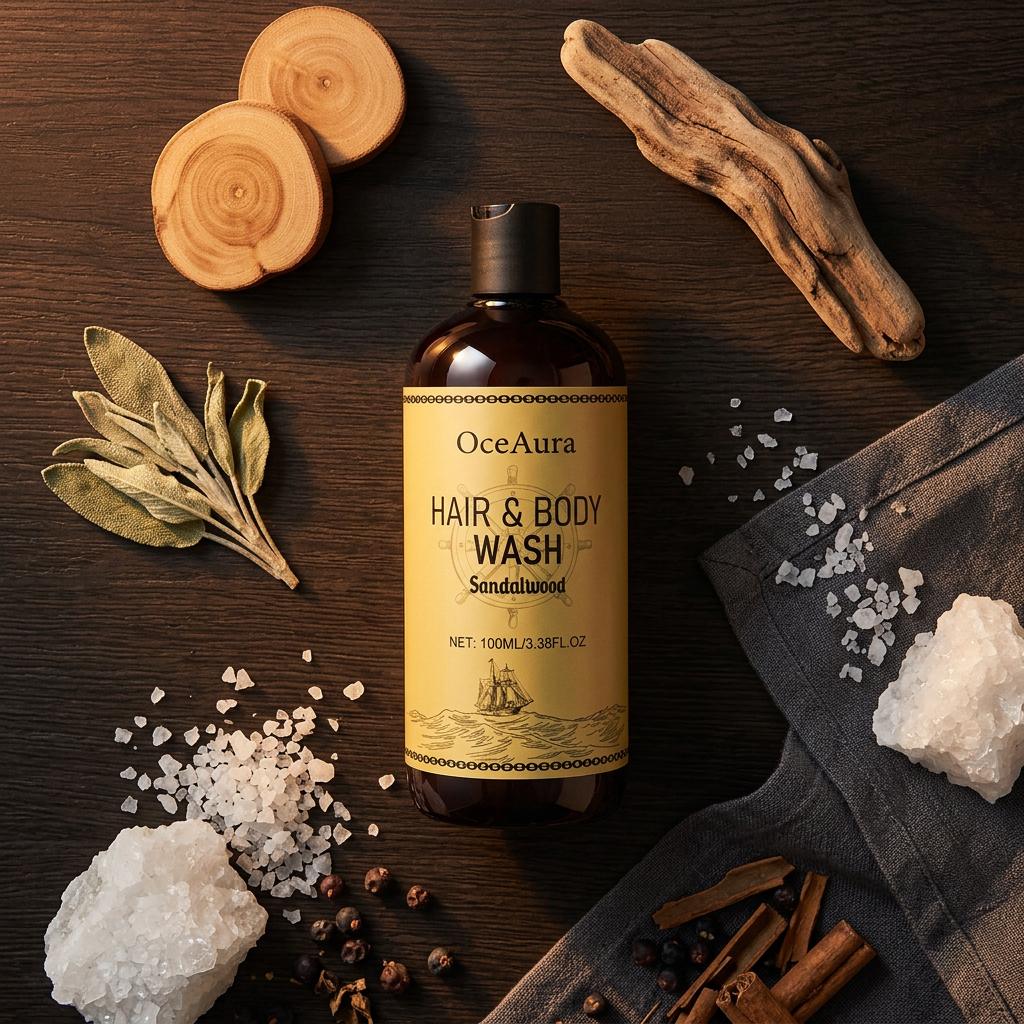 OceAura Sandalwood — Dark Espresso Wood Grooming Flat Lay