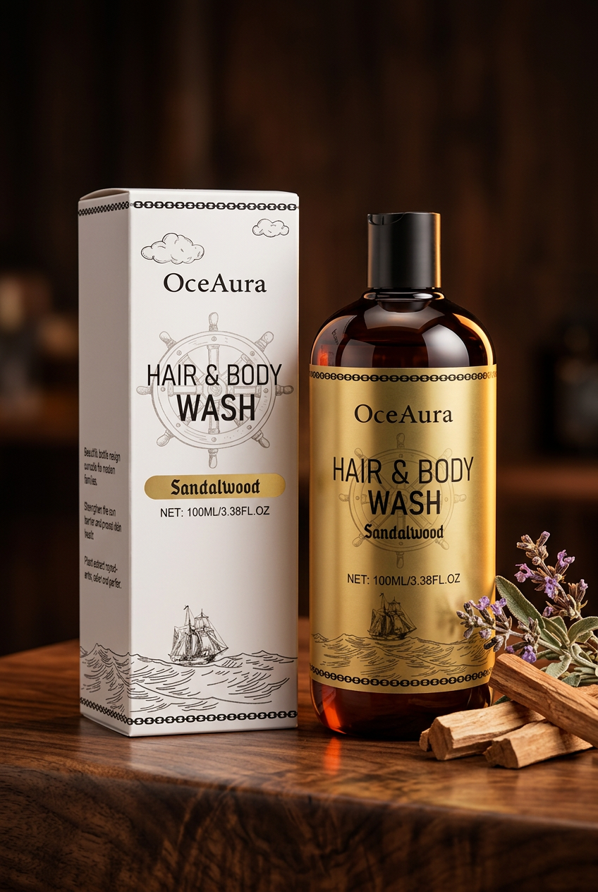 OceAura Sandalwood Hair & Body Wash — Dark Walnut Studio Shot