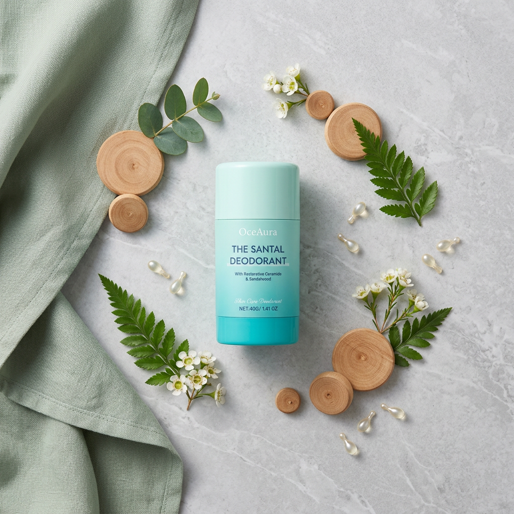 OceAura Santal Deodorant — Sandalwood Botanical Flat Lay