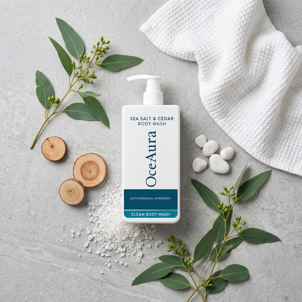 OceAura Sea Salt & Cedar — Grey Stone Coastal Flat Lay